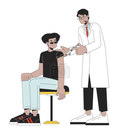 Illustration for Vaccination student line cartoon flat illustration. Arab doctor vaccine injecting latino man 2D lineart characters isolated on white background. Infection control hospital scene vector color image - Royalty Free Image