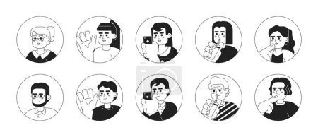Illustration for Different ages asians black and white 2D vector avatars illustration bundle. Korean women, japanese men outline cartoon character faces isolated. Adult asian casual flat user profiles image collection - Royalty Free Image