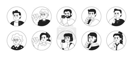 Illustration for Caucasian different aged black and white 2D vector avatars illustration bundle. Europeans women, men outline cartoon character faces isolated. Young adult mature people flat user profiles image set - Royalty Free Image