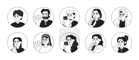 Illustration for Adults south asians black and white 2D vector avatars illustration bundle. Saree indians female, hindu male outline cartoon character faces isolated. Modern people flat user profiles image collection - Royalty Free Image