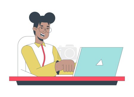 Ilustración de Inspirado feliz empleado femenino escribiendo personaje de dibujos animados lineales portátil 2D. negro mujer oficina trabajador aislado línea vector persona blanco fondo. Gen z freelancer chica color plano punto ilustración - Imagen libre de derechos