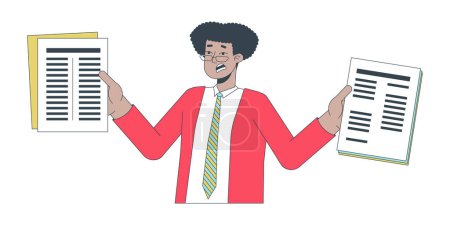 Illustration for Overcommitted hispanic business man 2D linear cartoon character. Holding paperwork office worker latin american isolated line vector person white background. Stressed color flat spot illustration - Royalty Free Image