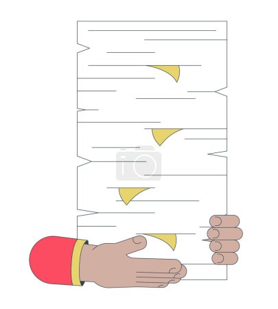 Illustration for Holding paperwork pile linear cartoon character hands illustration. Bureaucracy. Responsibilities at work outline 2D vector image, white background. Paper overload editable flat color clipart - Royalty Free Image
