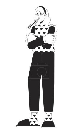 Illustration for Fever sick black and white cartoon flat illustration. Shivering caucasian girl measuring temperature 2D lineart character isolated. Chills trembling cold season monochrome scene vector outline image - Royalty Free Image