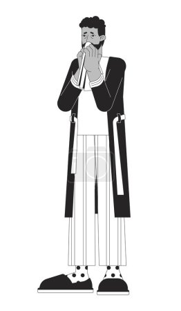 Ilustración de Pañuelo estornudando dibujos animados en blanco y negro ilustración plana. Hombre negro nariz corriendo 2D carácter lineal aislado. Epidemia de gripe. Síntoma de congestión nasal monocromo escena vector contorno imagen - Imagen libre de derechos