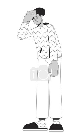 Illustration for Headache cold and flu black and white cartoon flat illustration. Fatigue stressed hispanic young adult man 2D lineart character isolated. Touching forehead sick monochrome scene vector outline image - Royalty Free Image