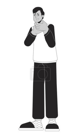 Illustration for Flu sore throat black and white cartoon flat illustration. Indian young adult man with swollen glands 2D lineart character isolated. Difficulty swallowing angina monochrome scene vector outline image - Royalty Free Image