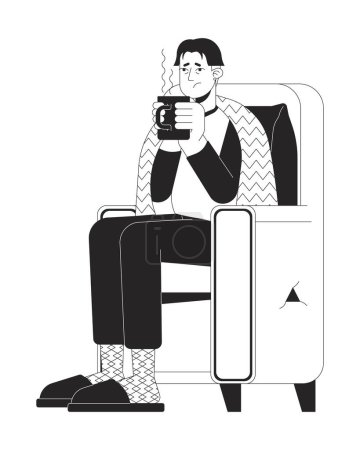Illustration for Treating flu at home black and white cartoon flat illustration. Asian sick man drinking tea in armchair 2D lineart character isolated. Warming up, stay hydrated monochrome scene vector outline image - Royalty Free Image