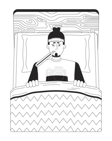 Illustration for Hospitalized patient influenza black and white cartoon flat illustration. Lying in bed caucasian man cold compress 2D lineart character isolated. Temperature high monochrome scene vector outline image - Royalty Free Image