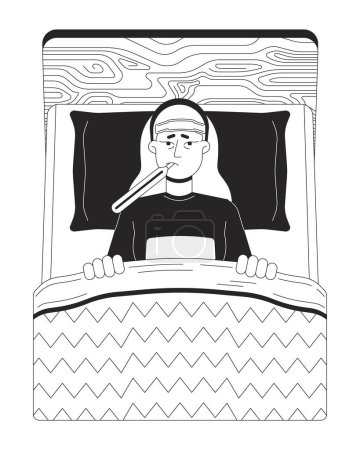 Illustration for Sick flu patient in bed black and white cartoon flat illustration. Lying down woman keeping thermometer in mouth 2D lineart character isolated. Fever suffer monochrome scene vector outline image - Royalty Free Image