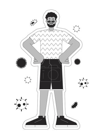 Illustration for Boosting immune system black and white 2D illustration concept. Black adult man resistant cartoon outline character isolated on white. Protection against influenza virus metaphor monochrome vector art - Royalty Free Image