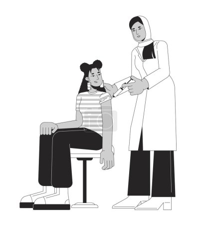 Illustration for Influenza vaccination black and white cartoon flat illustration. Muslim hijab doctor giving flu shot latina girl 2D lineart characters isolated. Immunization monochrome scene vector outline image - Royalty Free Image