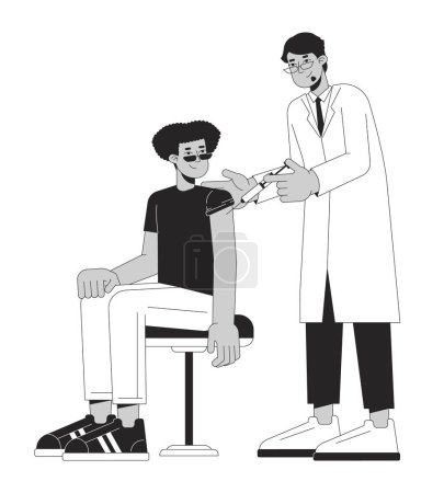 Illustration for Vaccination student black and white cartoon flat illustration. Arab doctor vaccine injecting latino man 2D lineart characters isolated. Infection control hospital monochrome scene vector outline image - Royalty Free Image