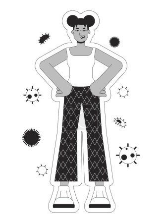 Ilustración de Mejorar la inmunidad concepto de ilustración 2D en blanco y negro. Mujer negra estilo de vida saludable dibujo animado delinear personaje aislado en blanco. Protección inmune contra virus metáfora arte vectorial monocromo - Imagen libre de derechos