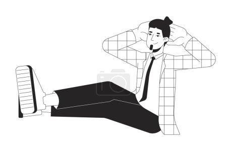 Ilustración de Chilling relajante caucásico oficina chico blanco y negro 2D línea personaje de dibujos animados. Hombre barbudo poniendo las piernas hasta persona contorno vectorial aislado. Bienestar corporativo ilustración plana monocromática - Imagen libre de derechos