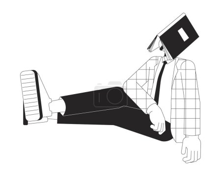 Office worker falling asleep with book on face black and white 2D line cartoon character. Formalwear caucasian man napping isolated vector outline person. Bored monochromatic flat spot illustration