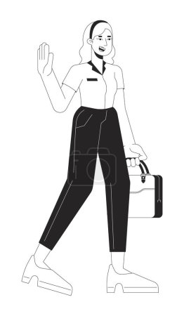 Illustration for Happy office worker female leaving work black and white 2D line cartoon character. Blonde caucasian employee isolated vector outline person. Goodbye businesswoman monochromatic flat spot illustration - Royalty Free Image