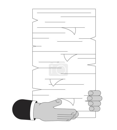 Illustration for Holding paperwork pile cartoon human hands outline illustration. Bureaucracy. Responsibilities at work 2D isolated black and white vector image. Paper overload flat monochromatic drawing clip art - Royalty Free Image