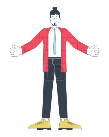Illustration for Caucasian adult employee standing with open arms 2D linear cartoon character. Formalwear man welcome gesture isolated line vector person white background. Arms wide color flat spot illustration - Royalty Free Image