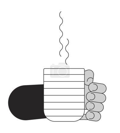 Illustration for Holding steamed cup cartoon human hand outline illustration. Drinking coffee 2D isolated black and white vector image. Mug holding. Enjoying tea tasty beverage flat monochromatic drawing clip art - Royalty Free Image