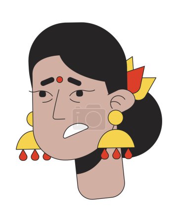 Illustration for Sick adult woman with indian jewellery 2D linear vector avatar illustration. Hindu traditional female feeling tired outline cartoon character face. Influenza flat color user profile image isolated - Royalty Free Image