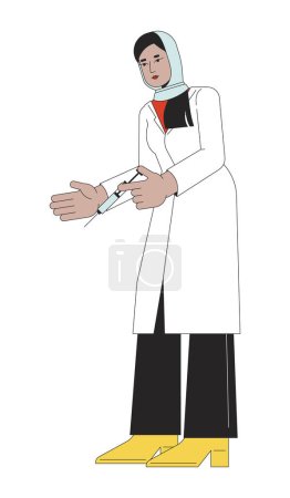 Illustration for Muslim lab coat physician holding syringe 2D linear cartoon character. Arab hijab doctor labcoat isolated line vector person white background. Healthcare worker female color flat spot illustration - Royalty Free Image