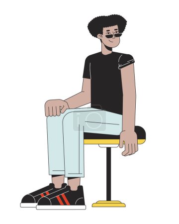 Téléchargez les illustrations : Latino lunettes de soleil homme assis prêt pour le vaccin personnage de dessin animé linéaire 2D. Hispanique gars enroulé tshirt manches isolé ligne vecteur personne fond blanc. Illustration de taches plates de couleur courante - en licence libre de droit