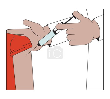 Illustration for Get your flu shot 2D linear cartoon hands close-up. Patient vaccination isolated line vector arms closeup white background. Deltoid injection syringe vaccine. Immunization color flat spot illustration - Royalty Free Image