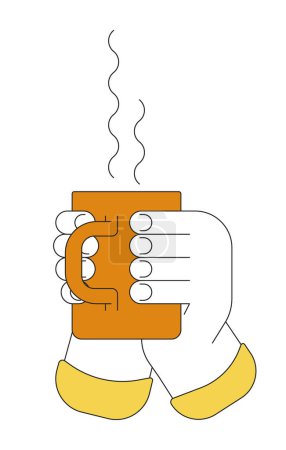 Illustration for Holding cup of tea herbal medicine linear cartoon character hands illustration. Warm beverage drinking outline 2D vector image, white background. Healing drink steaming editable flat color clipart - Royalty Free Image