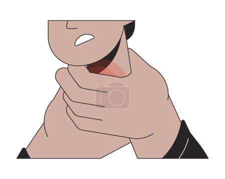 Illustration for Indian man hands around sore throat 2D linear cartoon hands close-up. Painful lymph nodes isolated line vector arms closeup white background. Swollen glands infection color flat spot illustration - Royalty Free Image