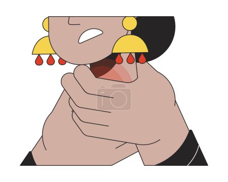 Illustration for Indian woman arms around sore throat 2D linear cartoon hands close-up. Symptom aching glands isolated line vector arms closeup white background. Tenderness neck color flat spot illustration - Royalty Free Image