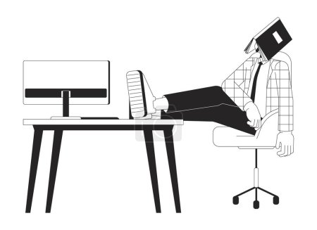 Illustration for Office worker napping at workplace black and white 2D line cartoon character. Caucasian young adult man isolated vector outline person. Sleeping book over face monochromatic flat spot illustration - Royalty Free Image