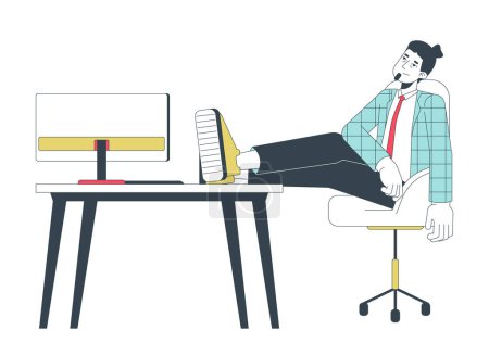 Illustration for Male employee physically exhausted after meeting deadline 2D linear cartoon character. Caucasian man tired, happy isolated line vector person white background. Break color flat spot illustration - Royalty Free Image
