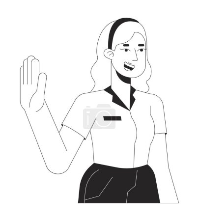 Illustration for Blonde caucasian employee gen z black and white 2D line cartoon character. Young adult woman goodbye wave isolated vector outline person. Formalwear female smiling monochromatic flat spot illustration - Royalty Free Image