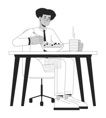 Téléchargez les illustrations : Latino homme employé manger des aliments sains noir et blanc personnage de bande dessinée ligne 2D. Homme latino-américain travailleur isolé vecteur contour personne. Illustration monochromatique de l'heure du déjeuner de l'entreprise - en licence libre de droit