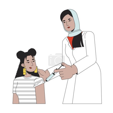 Téléchargez les illustrations : Latina étudiante vaccination femme médecin 2D personnages de bande dessinée linéaire. Musulman hijab procédure médicale injectant ligne isolée vecteur personnes fond blanc. Illustration des taches plates de couleur vaccinale - en licence libre de droit