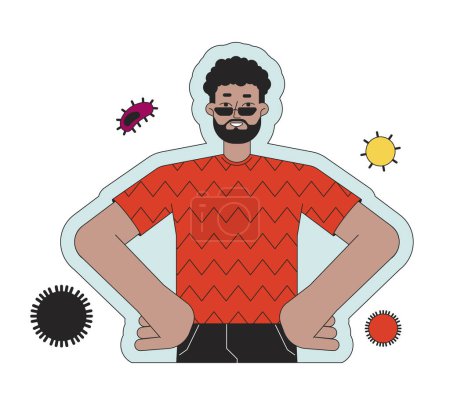 Illustration for Black bearded man protected from infectious diseases 2D linear cartoon character. African-american happy isolated line vector person white background. Immunity bacterias color flat spot illustration - Royalty Free Image