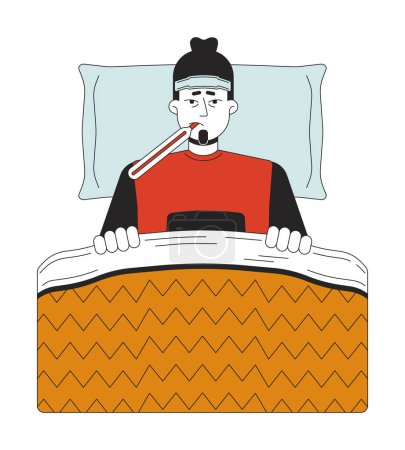 Illustration for Cold sick caucasian man lying in bed 2D linear cartoon character. Top view exhausted male with thermometer isolated line vector person white background. Wrapped in blanket color flat spot illustration - Royalty Free Image