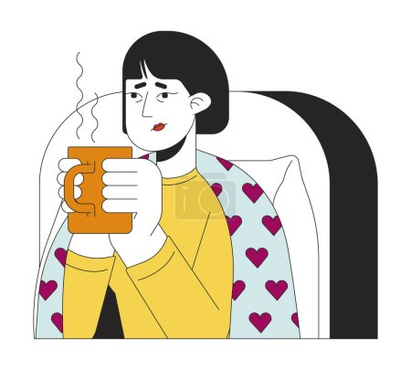 Illustration for Sick tired asian woman drinking hot beverage 2D linear cartoon character. Korean female holding mug of warm tea isolated line vector person white background. Relief cold color flat spot illustration - Royalty Free Image