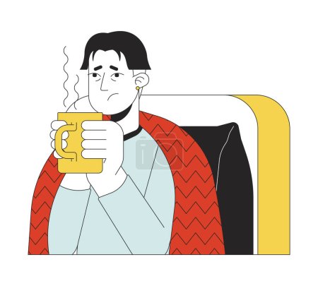 Illustration for Exhausted flu asian man holding hot drink 2D linear cartoon character. Korean male drinking warm liquid isolated line vector person white background. Flu relief color flat spot illustration - Royalty Free Image