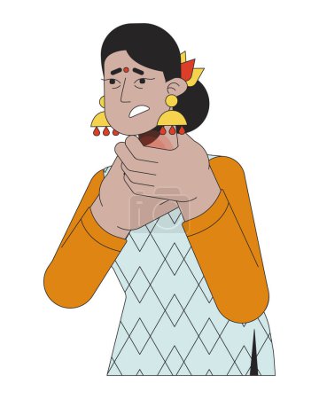 Illustration for Adult indian woman throat feeling tight 2D linear cartoon character. Trouble swallowing hindu female isolated line vector person white background. Anaphylactic shock color flat spot illustration - Royalty Free Image