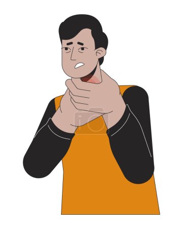 Illustration for Allergy-related sore throat indian man 2D linear cartoon character. South asian guy trouble breathing isolated line vector person white background. Allergic reaction color flat spot illustration - Royalty Free Image