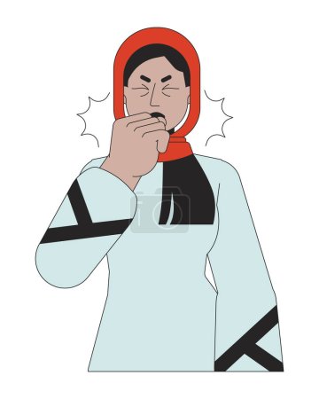 Ilustración de Mujer musulmana hiyab asma ataque 2D personaje de dibujos animados lineales. Tos seca crónica hembra Oriente Medio línea aislada vector persona fondo blanco. Sibilancias síntoma color plano punto ilustración - Imagen libre de derechos