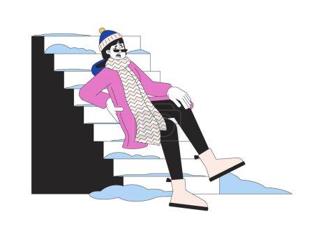 Illustration for Winter fall hazard on stairs line cartoon flat illustration. Injured back girl slips on outdoor steps icy 2D lineart character isolated on white background. Stairway with snow scene vector color image - Royalty Free Image
