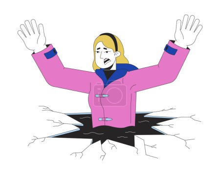 Ilustración de Ahogamiento en línea de agua fría ilustración plana de dibujos animados. Mujer caucásica sobreviviendo cayendo a través de hielo 2D carácter lineal aislado sobre fondo blanco. Caer en el lago congelado imagen vectorial de color - Imagen libre de derechos