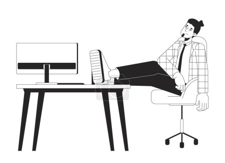 Illustration for Male employee exhausted after meeting deadline black and white 2D line cartoon character. Caucasian man tired, happy isolated vector outline person. Break monochromatic flat spot illustration - Royalty Free Image