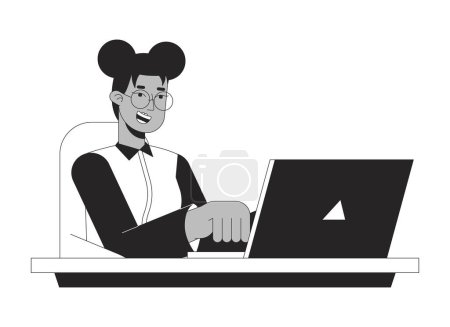 Illustration for Inspired happy female employee typing laptop black and white 2D line cartoon character. Black woman office worker isolated vector outline person. Gen z freelancer monochromatic flat spot illustration - Royalty Free Image
