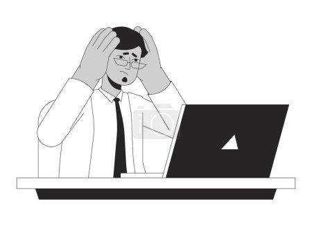 Illustration for Adult indian fatigue businessman black and white 2D line cartoon character. South asian employee sitting laptop isolated vector outline person. Exhausted overload monochromatic flat spot illustration - Royalty Free Image