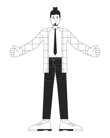 Ilustración de Caucásico adulto empleado de pie con los brazos abiertos en blanco y negro 2D línea personaje de dibujos animados. Traje hombre gesto de bienvenida aislado contorno vectorial persona. ilustración plana monocromática amplia de los brazos - Imagen libre de derechos