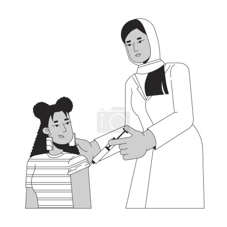 Illustration for Latina student vaccination female doctor black and white 2D line cartoon characters. Muslim hijab medic procedure injecting isolated vector outline people. Vaccine monochromatic flat spot illustration - Royalty Free Image
